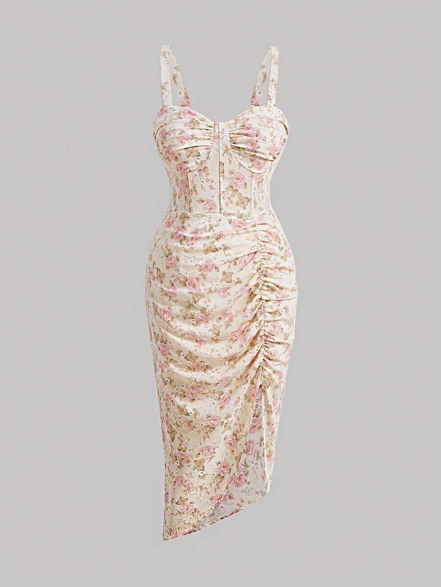 SHEIN MOD Đầm Plus Size Bất đối xứng Xù Dải chun Tách cao Hoa Tất cả trên in Boho - Nhiều màu - Xem 1