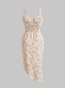 SHEIN MOD Đầm Plus Size Bất đối xứng Xù Dải chun Tách cao Hoa Tất cả trên in Boho - Nhiều màu - Xem 2