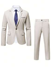 Manfinity Mode 男士寬鬆顯瘦單鈕西裝外套和長褲套裝 - 卡其色 - 查看 7