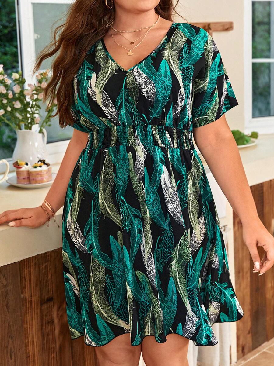 SHEIN CURVE+ Plus Size Full Printed Plant Pattern V-Neck Green Dress - Multicolor - View 1