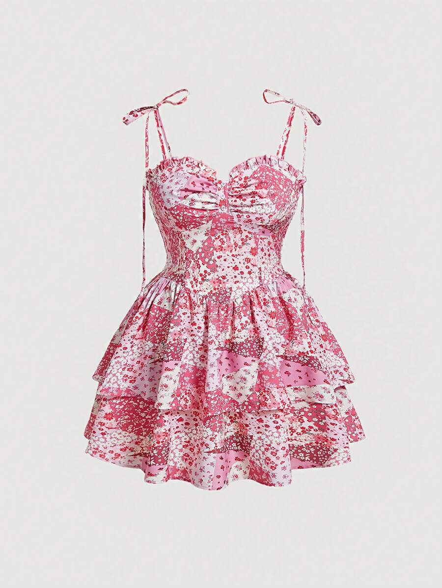 SHEIN MOD Plus Floral Print Ruched Detail Tie Shoulder Two Layer Hem Cami Dress For Summer - Pink - View 1