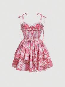 SHEIN MOD Plus Floral Print Ruched Detail Tie Shoulder Two Layer Hem Cami Dress For Summer - Pink - View 2