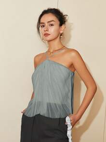 女士纯色褶皱度假吊带背心，春夏季时尚 - 灰色 - 查看 3