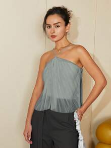 女士纯色褶皱度假吊带背心，春夏季时尚 - 灰色 - 查看 4