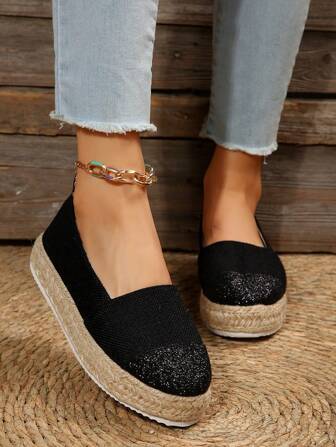 女士一腳蹬草編鞋亚麻草編鞋底度假平底鞋