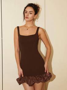 Váy không tay ôm sát viền bèo nhún thanh lịch dành cho nữ, váy ngắn viền hoa tulip, phù hợp cho đám cưới, tốt nghiệp, vũ hội, trang phục mùa hè - Cà phê nâu - Xem 3