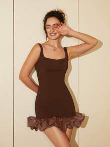 Váy không tay ôm sát viền bèo nhún thanh lịch dành cho nữ, váy ngắn viền hoa tulip, phù hợp cho đám cưới, tốt nghiệp, vũ hội, trang phục mùa hè - Cà phê nâu - Xem 5