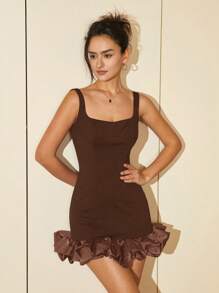 Váy không tay ôm sát viền bèo nhún thanh lịch dành cho nữ, váy ngắn viền hoa tulip, phù hợp cho đám cưới, tốt nghiệp, vũ hội, trang phục mùa hè - Cà phê nâu - Xem 7