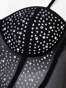 SHEIN Unity 性感水钻装饰透明网眼吊带紧身衣 - 黑色 - 查看 6