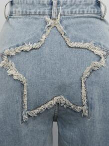 SHEIN Haute 星星剪裁切開寬腿牛仔褲 - 淺色水洗藍 - 查看 7