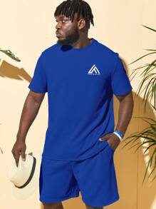 GENTILAND 男士刺繡幾何和標語圖案T恤和短褲 - 寶藍色 - 查看 1