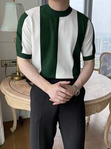 Hombres Top de punto de color combinado de cuello redondo