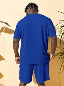 GENTILAND 男士刺繡幾何和標語圖案T恤和短褲 - 寶藍色 - 查看 2