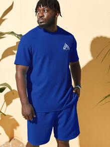 GENTILAND 男士刺繡幾何和標語圖案T恤和短褲 - 寶藍色 - 查看 3