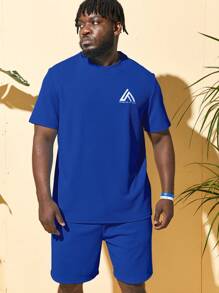 GENTILAND 男士刺繡幾何和標語圖案T恤和短褲 - 寶藍色 - 查看 5