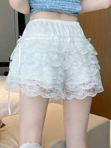 Women's Elegant Solid Color Multi-Layer Lace Safety Shorts