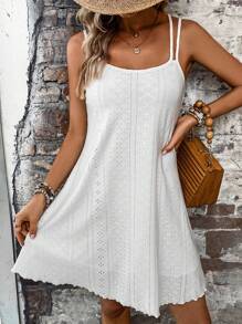 SHEIN LUNE Solid Eyelet Embroidery Cami Dress