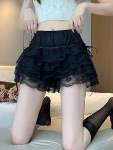 Pantalones cortos de de mujer de unicolor elegante y de múltiples capas de encaje - Negro - Ver 3