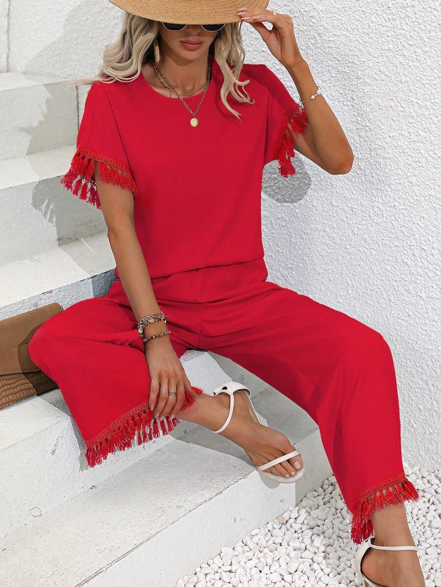 SHEIN LUNE Fringe Trim Tee & Wide Leg Trousers - Red - View 1