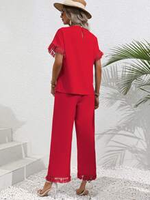 SHEIN LUNE Fringe Trim Tee & Wide Leg Trousers - Red - View 2