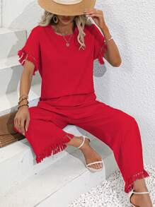 SHEIN LUNE Fringe Trim Tee & Wide Leg Trousers - Red - View 4