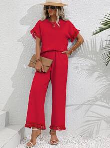 SHEIN LUNE Fringe Trim Tee & Wide Leg Trousers - Red - View 6