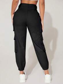 SHEIN PETITE Flap Pocket Side Cargo Pants - Black - View 2