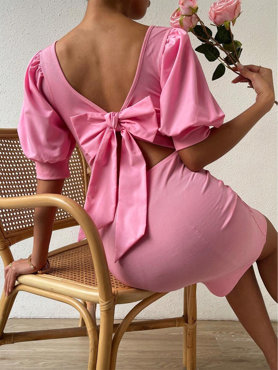 SHEIN Privé 鏤空後綁帶蝴蝶結泡泡袖緊身洋裝 - 玫紅色 - 查看 1