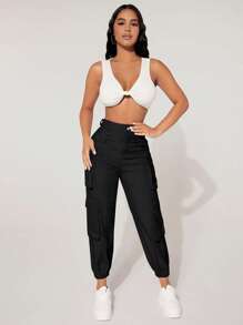 SHEIN PETITE Flap Pocket Side Cargo Pants - Black - View 3