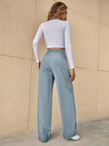 SHEIN Essnce High Waist Fold Pleated Tailored Pants,Commute,Minimalist,Office,Old Money,Simple In Fall/Winter - Dusty Blue - View 2