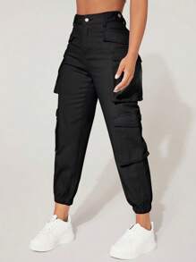 SHEIN PETITE Flap Pocket Side Cargo Pants - Black - View 4