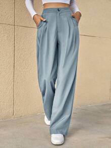 SHEIN Essnce High Waist Fold Pleated Tailored Pants,Commute,Minimalist,Office,Old Money,Simple In Fall/Winter - Dusty Blue - View 3