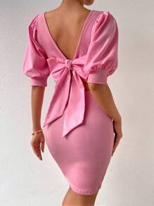 SHEIN Privé 鏤空後綁帶蝴蝶結泡泡袖緊身洋裝 - 玫紅色 - 查看 3
