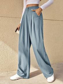 SHEIN Essnce High Waist Fold Pleated Tailored Pants,Commute,Minimalist,Office,Old Money,Simple In Fall/Winter - Dusty Blue - View 5