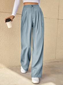 SHEIN Essnce High Waist Fold Pleated Tailored Pants,Commute,Minimalist,Office,Old Money,Simple In Fall/Winter - Dusty Blue - View 6