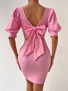 SHEIN Privé 鏤空後綁帶蝴蝶結泡泡袖緊身洋裝 - 玫紅色 - 查看 6