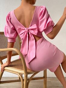 SHEIN Privé 鏤空後綁帶蝴蝶結泡泡袖緊身洋裝 - 玫紅色 - 查看 7