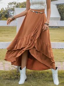 荷葉邊圍裹下擺半身裙不附腰帶 - 棕色 - 查看 1