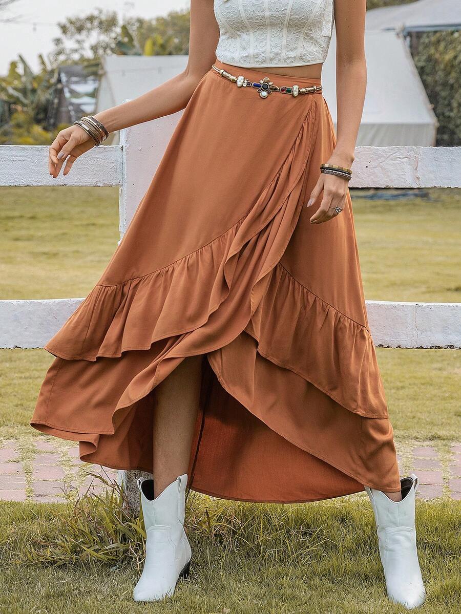 荷葉邊圍裹下擺半身裙不附腰帶 - 棕色 - 查看 1