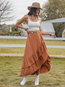 荷葉邊圍裹下擺半身裙不附腰帶 - 棕色 - 查看 3