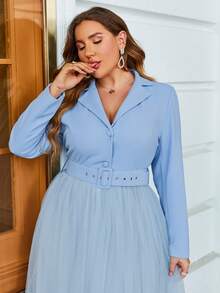 Simplee Vestido camisero bajo con malla - Celeste - Ver 3