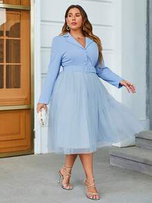 Simplee Vestido camisero bajo con malla - Celeste - Ver 5