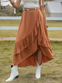 荷葉邊圍裹下擺半身裙不附腰帶 - 棕色 - 查看 5