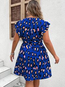 SHEIN Clasi 大碼滿版印花蝴蝶袖繫腰帶連衣裙 - 寶藍色 - 查看 2