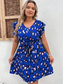 SHEIN Clasi 大碼滿版印花蝴蝶袖繫腰帶連衣裙 - 寶藍色 - 查看 5