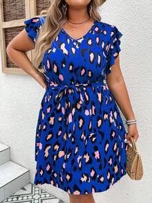 SHEIN Clasi 大碼滿版印花蝴蝶袖繫腰帶連衣裙 - 寶藍色 - 查看 7