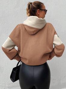 RueChic Colorblock Letter Graphic Kangaroo Pocket Drop Shoulder Drawstring Hoodie - Coffee Brown - View 2