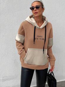 RueChic Colorblock Letter Graphic Kangaroo Pocket Drop Shoulder Drawstring Hoodie - Coffee Brown - View 3