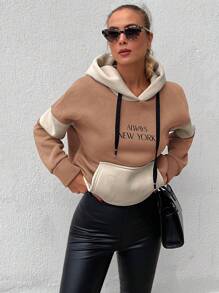 RueChic Colorblock Letter Graphic Kangaroo Pocket Drop Shoulder Drawstring Hoodie - Coffee Brown - View 4