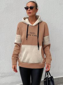 RueChic Colorblock Letter Graphic Kangaroo Pocket Drop Shoulder Drawstring Hoodie - Coffee Brown - View 5